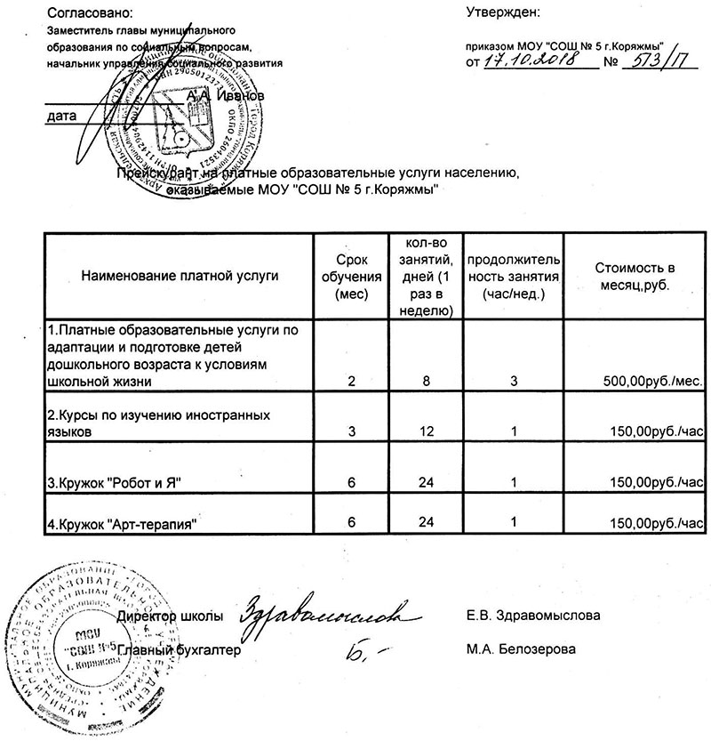 Прейскурант на платные образовательные услуги
